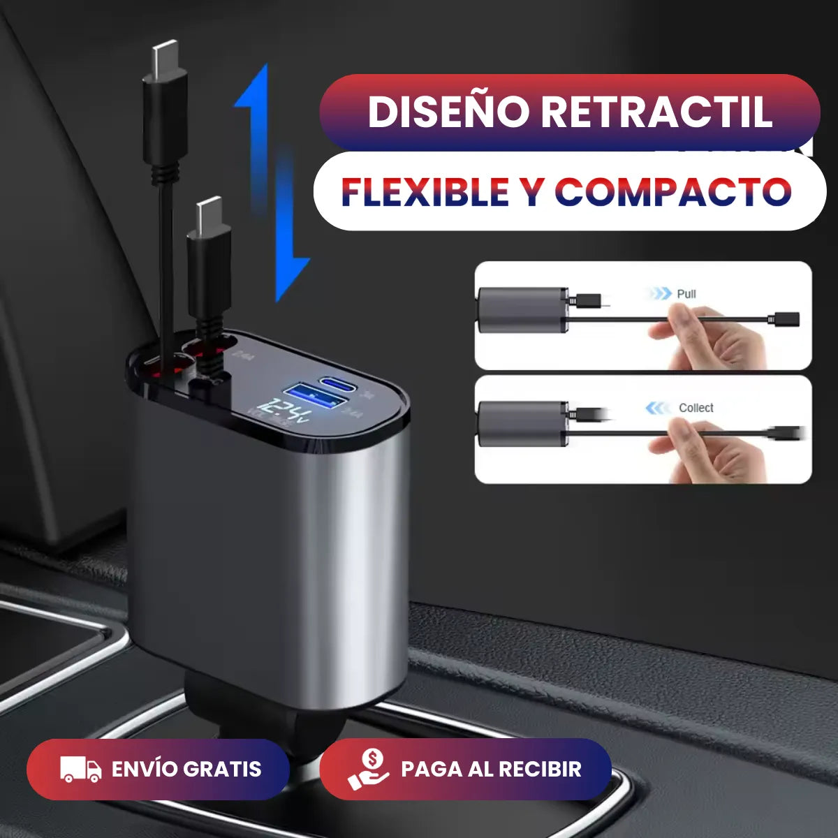 Cargador Carro 4 En 1 Dual Retráctil - CARMAX™