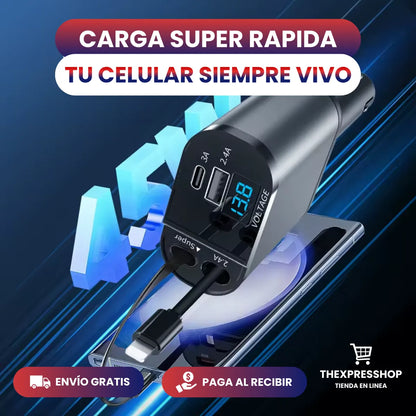 Cargador Carro 4 En 1 Dual Retráctil - CARMAX™