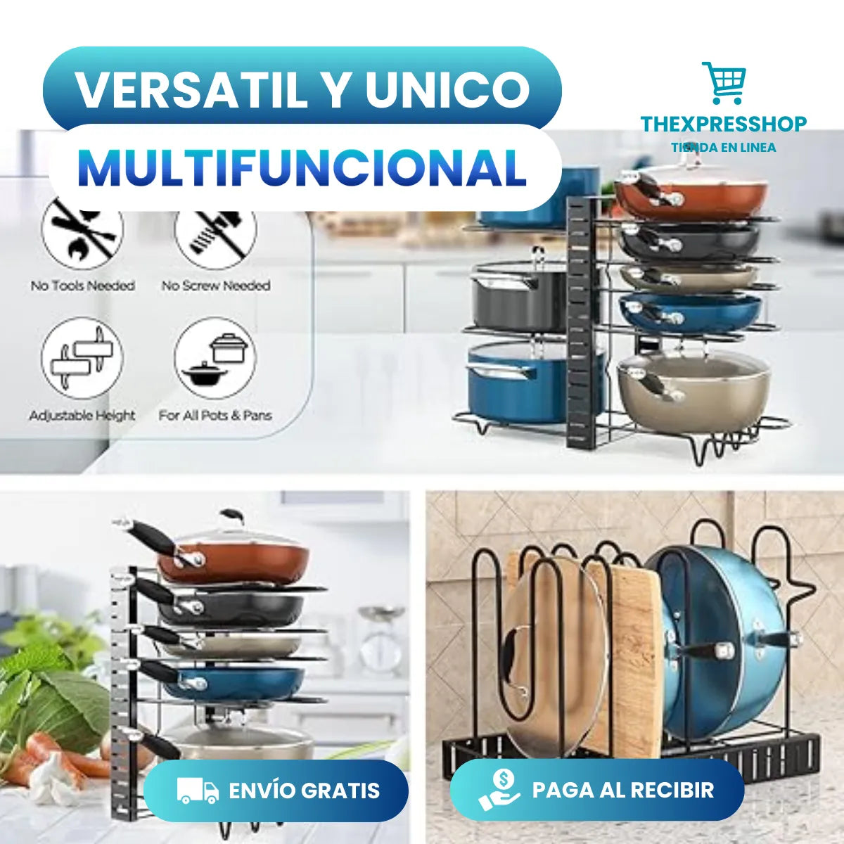 🍳ORGANIZADOR DE OLLAS Y SARTENES 8 NIVELES AJUSTABLE - 3 MODOS 🍳