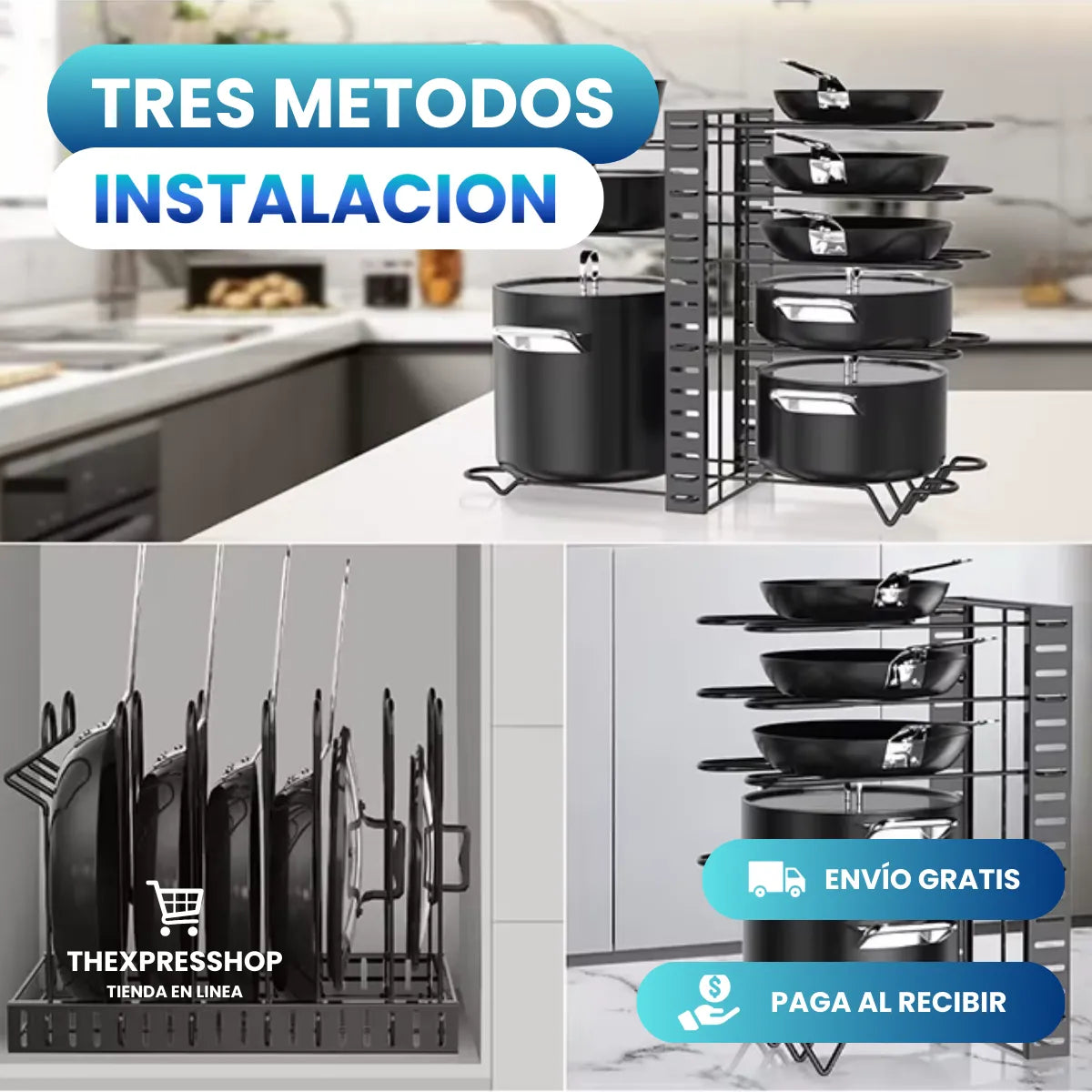 🍳ORGANIZADOR DE OLLAS Y SARTENES 8 NIVELES AJUSTABLE - 3 MODOS 🍳